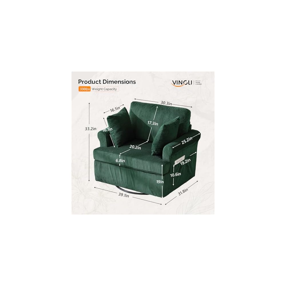 VINGL 39.2" Wide 360° Swivel Accent Armchairs with Pillows Set of 2, Oversized Single Sofas, Chair and a Half with Side Pockets and Wide armrest for Living Room, Bedroom, Reading Room, Corduroy Green