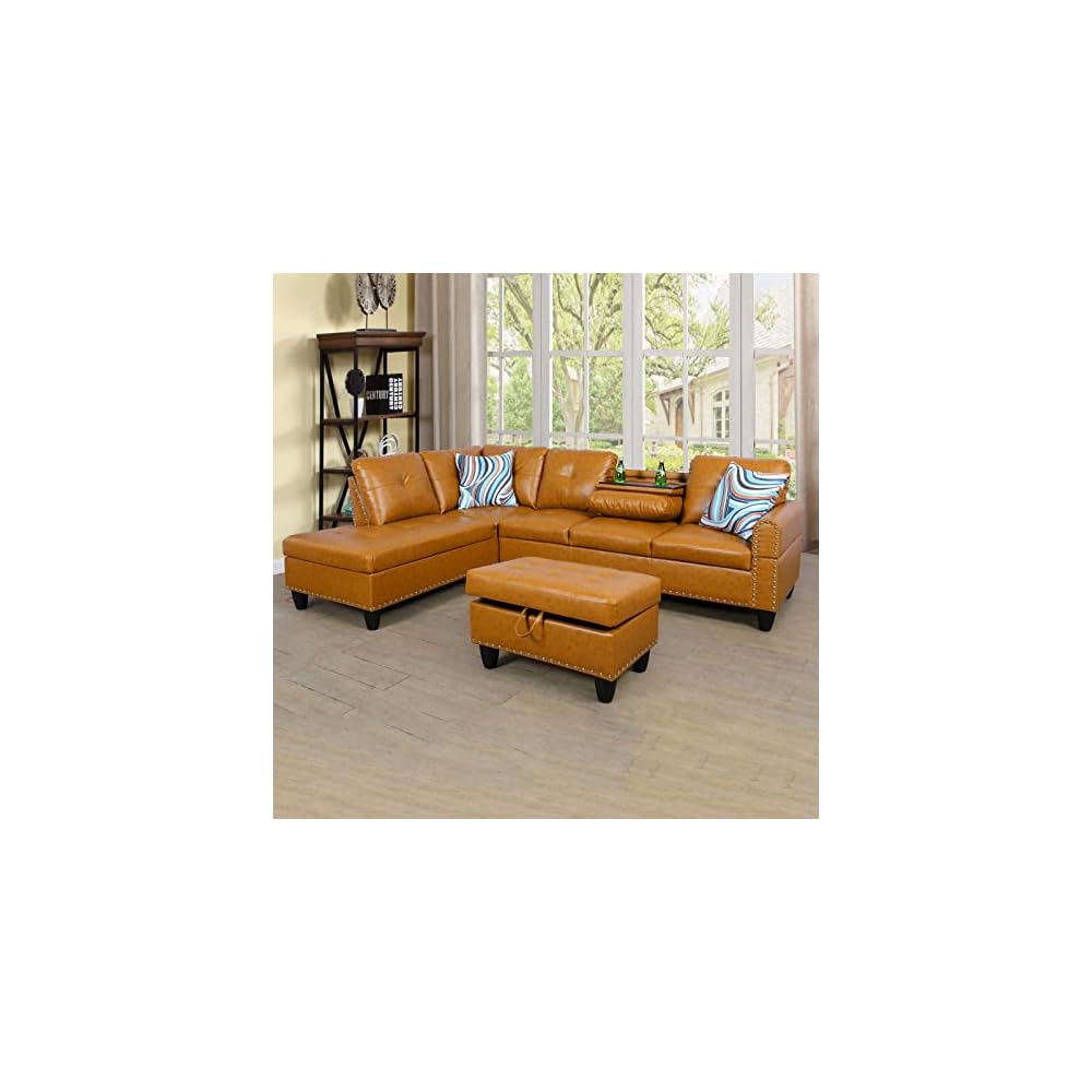 3-Piece Faux Leather L-Shaped Sectional Sofas, Button Tufted Upholstered Couches with Chaise Lounge and Storage Ottoman, Modular Living Room Set, Foldable Console and Cup Holder