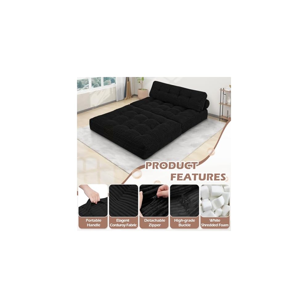 Folding Sofa Bed, Convertible Sleeper Chair with Pillow & Handle, Foldable Mattress Futon Chair Bed Lounge with Back Support, Comfy Floor Sofa for Living Room Bedroom, Black, Full