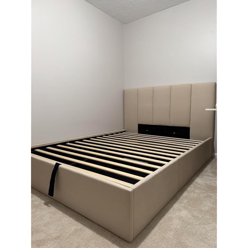 Queen Size Lift-Up Hydraulic Storage Bed, Beige Linen Upholstered Platform Bed with Vertical Channel Headboard, Wooden Slat Support, No Box Spring Needed, Easy Assembly