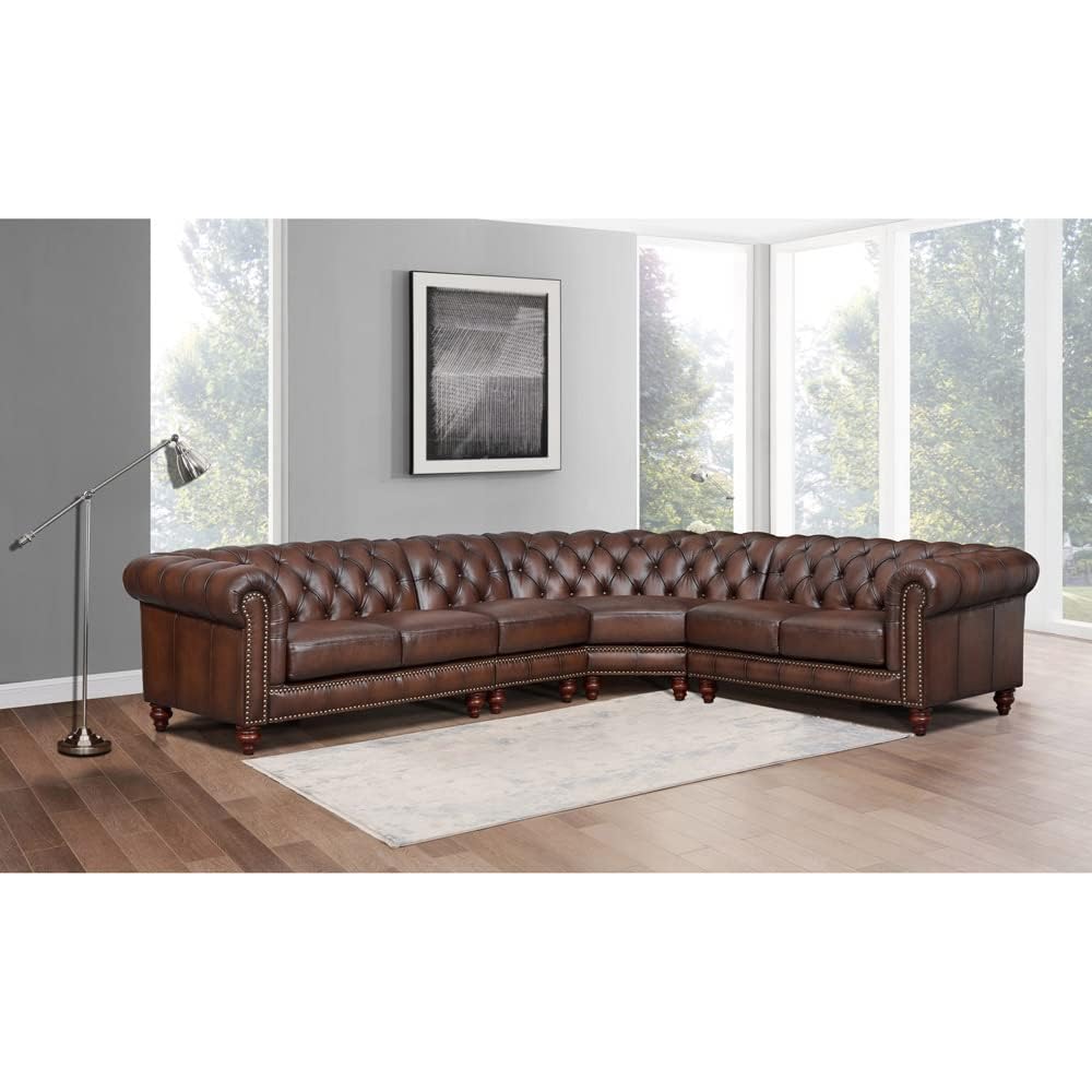 Alton Bay Top Grain Leather L-Piece Sectional, Caramel Brown, Feather Down, Memory Foam and Springs Seating