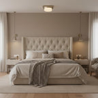 Modern Upholstered Bed with High Headboard: Diamond Tufted Fabric Platform Bed Frame - Remote Workspace Bedroom Furniture for Home Office & Small Apartments