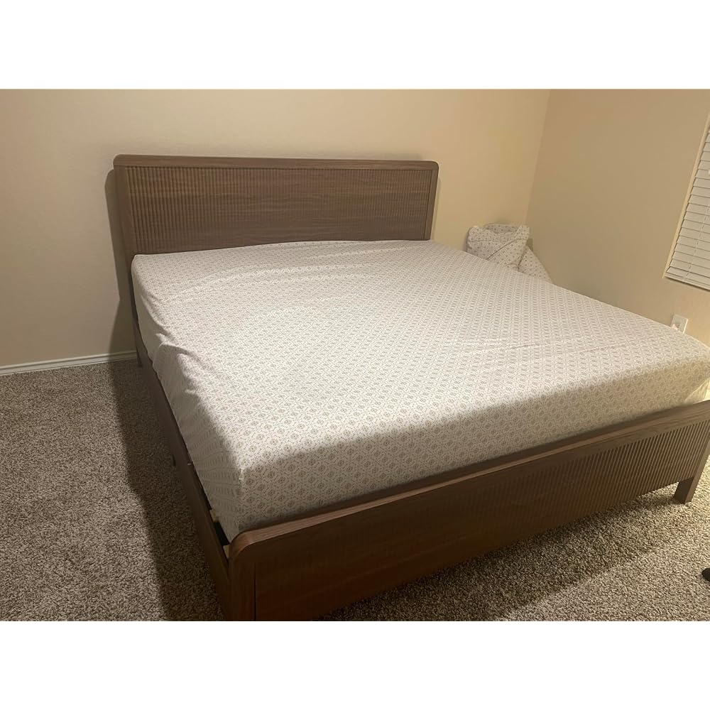 Queen Wood Bed Frame with Fluted Headboard & Footboard, Walnut