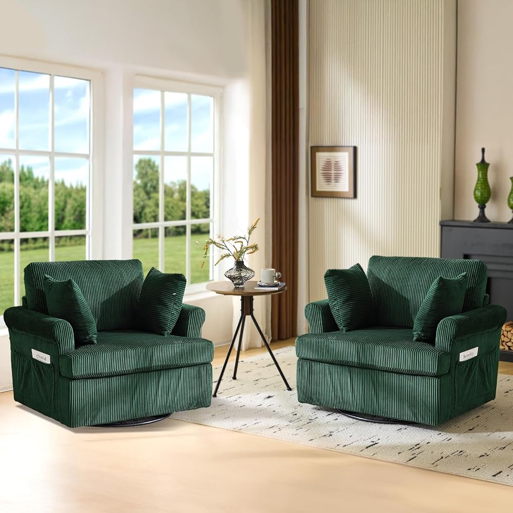 VINGL 39.2" Wide 360° Swivel Accent Armchairs with Pillows Set of 2, Oversized Single Sofas, Chair and a Half with Side Pockets and Wide armrest for Living Room, Bedroom, Reading Room, Corduroy Green