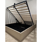 Queen Size Lift-Up Hydraulic Storage Bed, Beige Linen Upholstered Platform Bed with Vertical Channel Headboard, Wooden Slat Support, No Box Spring Needed, Easy Assembly