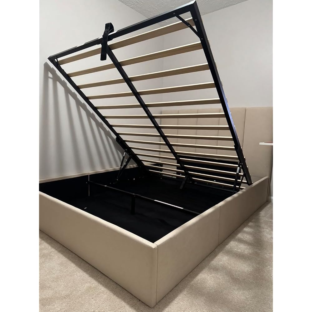 Queen Size Lift-Up Hydraulic Storage Bed, Beige Linen Upholstered Platform Bed with Vertical Channel Headboard, Wooden Slat Support, No Box Spring Needed, Easy Assembly