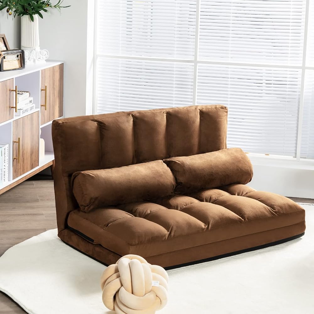 Convertible Floor Sofa, 6-Position Couch with 2 Removable Pillows & Thick Sponge Cushion, Load 330LBS, Adjustable Lazy Sofa Bed for Living Room (Coffee)