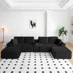 Oversized Modular Sectional Couch, Corduroy Deep Seat Cloud U-Shaped Couch with Cup Holders, USB Port & Storage Box, Upholstered Floor Memory Foam Boneless Sofa for Living Room, Bedroom(125"W, Black)