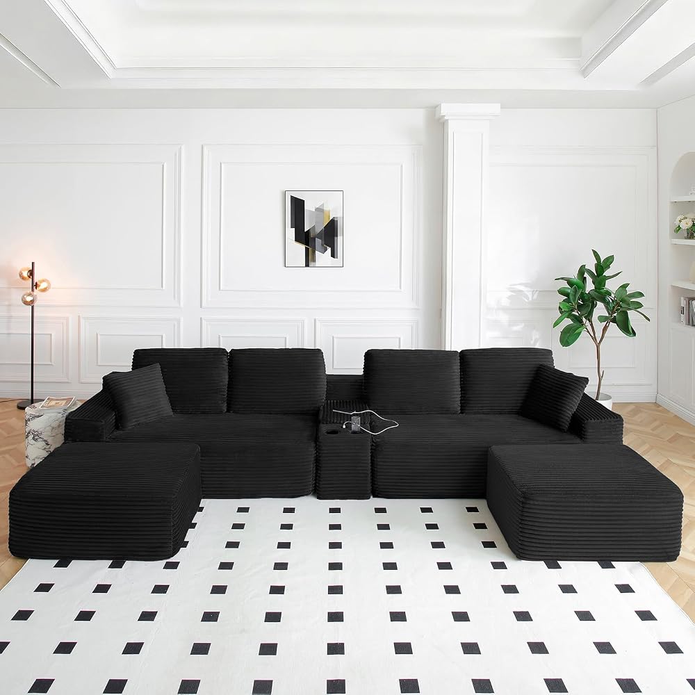 Oversized Modular Sectional Couch, Corduroy Deep Seat Cloud U-Shaped Couch with Cup Holders, USB Port & Storage Box, Upholstered Floor Memory Foam Boneless Sofa for Living Room, Bedroom(125"W, Black)