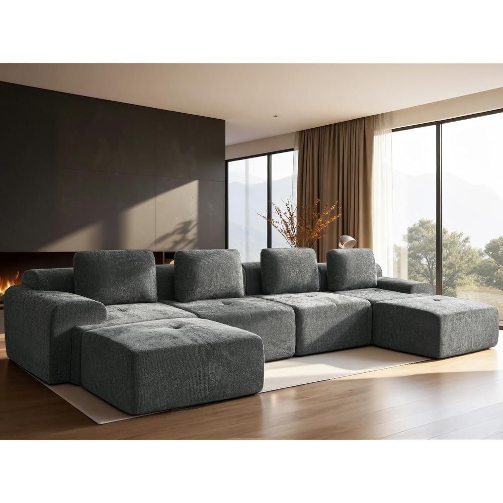 159" U-Shaped Modular Sectional Sofa, Oversized Boneless Cloud Couch for Living Room with Extra Deep Seat & High Back, Tool-Free No Assembly, Soft Chenille (Dark Grey, 159 inch-U Shaped（4+2）)