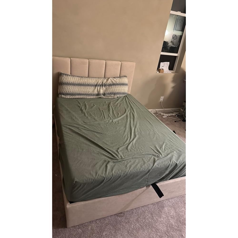 Queen Size Lift-Up Hydraulic Storage Bed, Beige Linen Upholstered Platform Bed with Vertical Channel Headboard, Wooden Slat Support, No Box Spring Needed, Easy Assembly