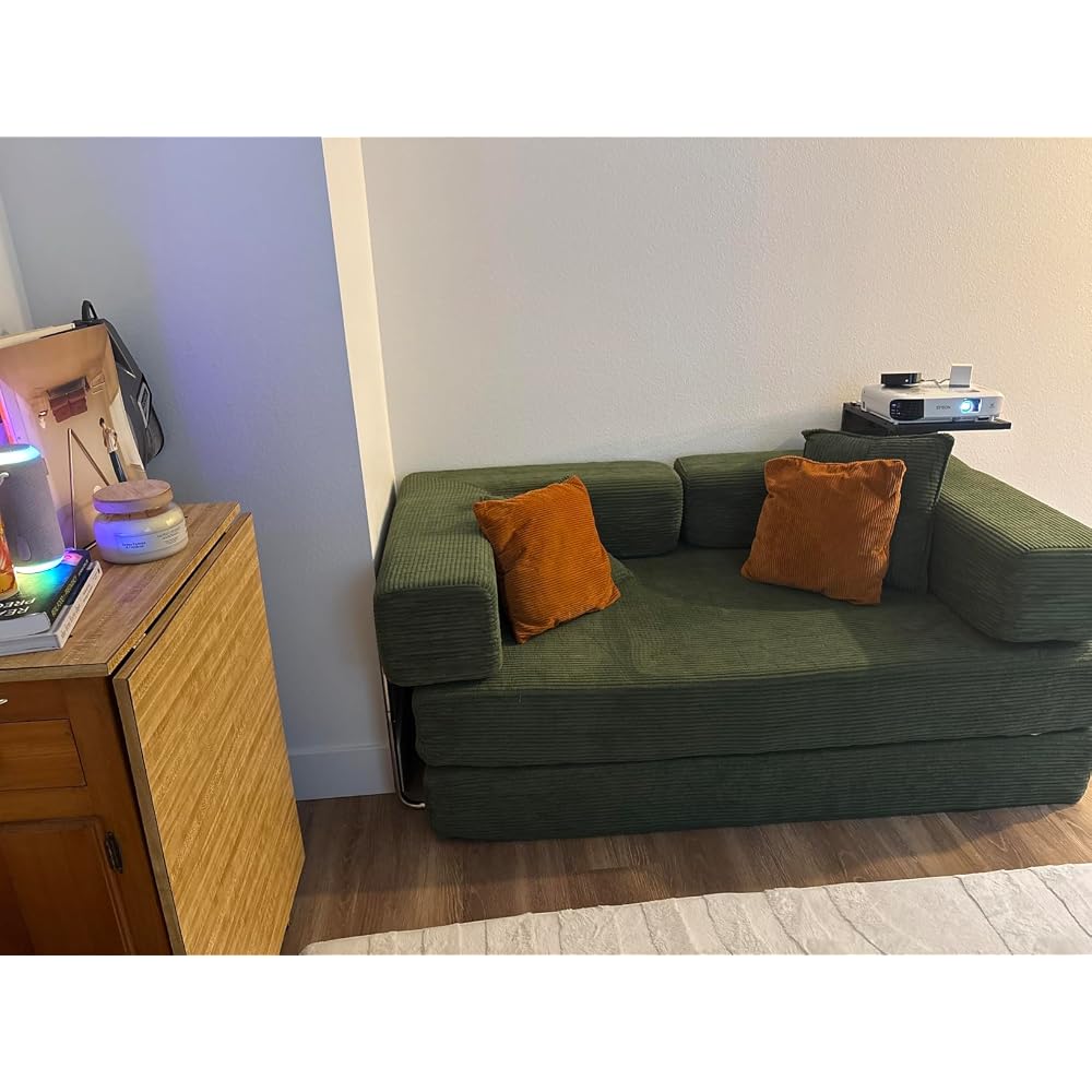 5-in-1 Convertible Sofa Bed,65" Folding Boneless Couch with Fixed-Shape Frame, Corduroy Floor Sofa Loveseat Sleeper for Living Room, Bedroom, Small Apartment, Green