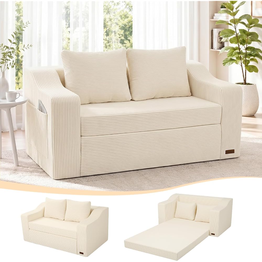 58" Boneless Loveseat Sofa Bed, Corduroy Pull Out, Beige