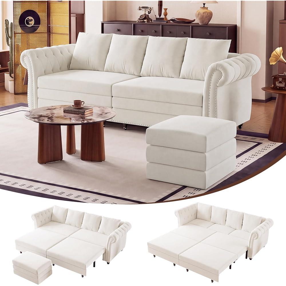 89'' 3-in-1 Pull Out Velvet Chesterfield Convertible Sofa Bed(Beige)