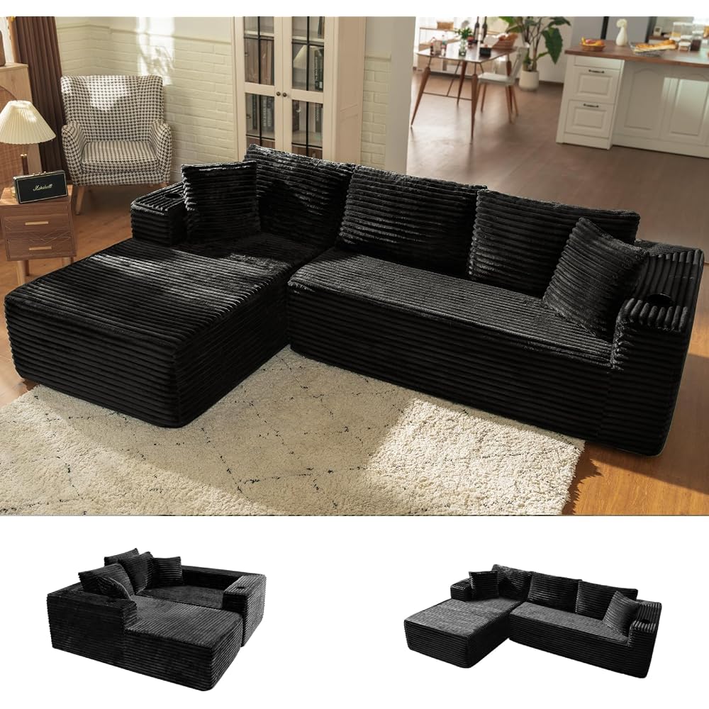 106" L Shaped Cloud Sectional Couch with Chaise, Corduroy Boneless Couch with Wide Armrests and Cup Holders for Living Room Bedroom, No Assembly Required (Black)