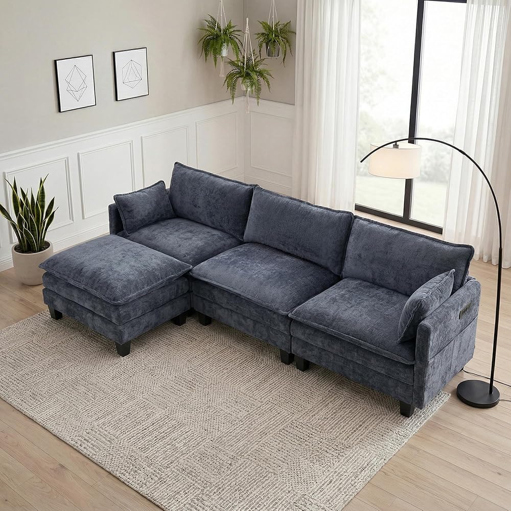 110.4" L Shaped Modular Sectional Couch with USB, Comfy Chenille Upholstered Cloud Couches with Movable Ottoman for Living Room, Modern 3 Seater Sofa with Side Pocket for Apartment, Navy Blue