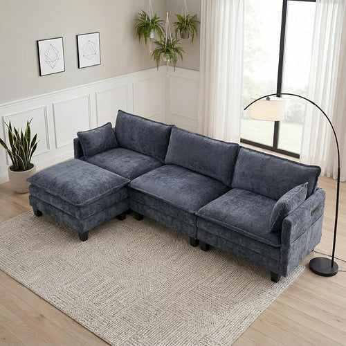110.4" L Shaped Modular Sectional Couch with USB, Comfy Chenille Upholstered Cloud Couches with Movable Ottoman for Living Room, Modern 3 Seater Sofa with Side Pocket for Apartment, Navy Blue