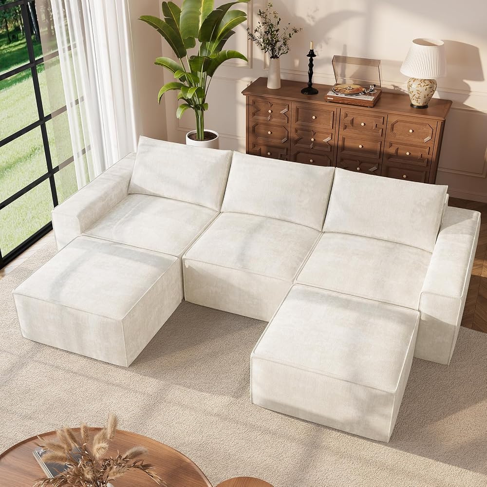 114" U Shaped Boneless Couch, Deep Seat Sectional Sofa, Beige