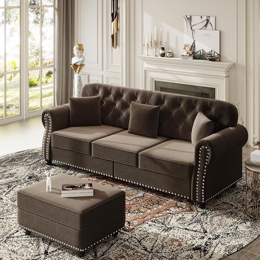 82.6" Deep Seat Chesterfield Sofa with Ottoman, Mid-Century Modern Velvet Couch with Nailhead Trim, Rolled Arm& 3 Pillows, Comfy Tufted Upholstered 3 Seater Love Seat Couches for Living Room (Brown)