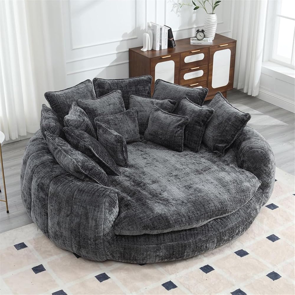 Boneless Round Couch with Deep Seat and 14 Removable Pillows, Oversized Circle Chaise Lounge Chair for 2 Person, Comfy Chenille Loveseat Cloud Couches for Living Room, Dark Grey