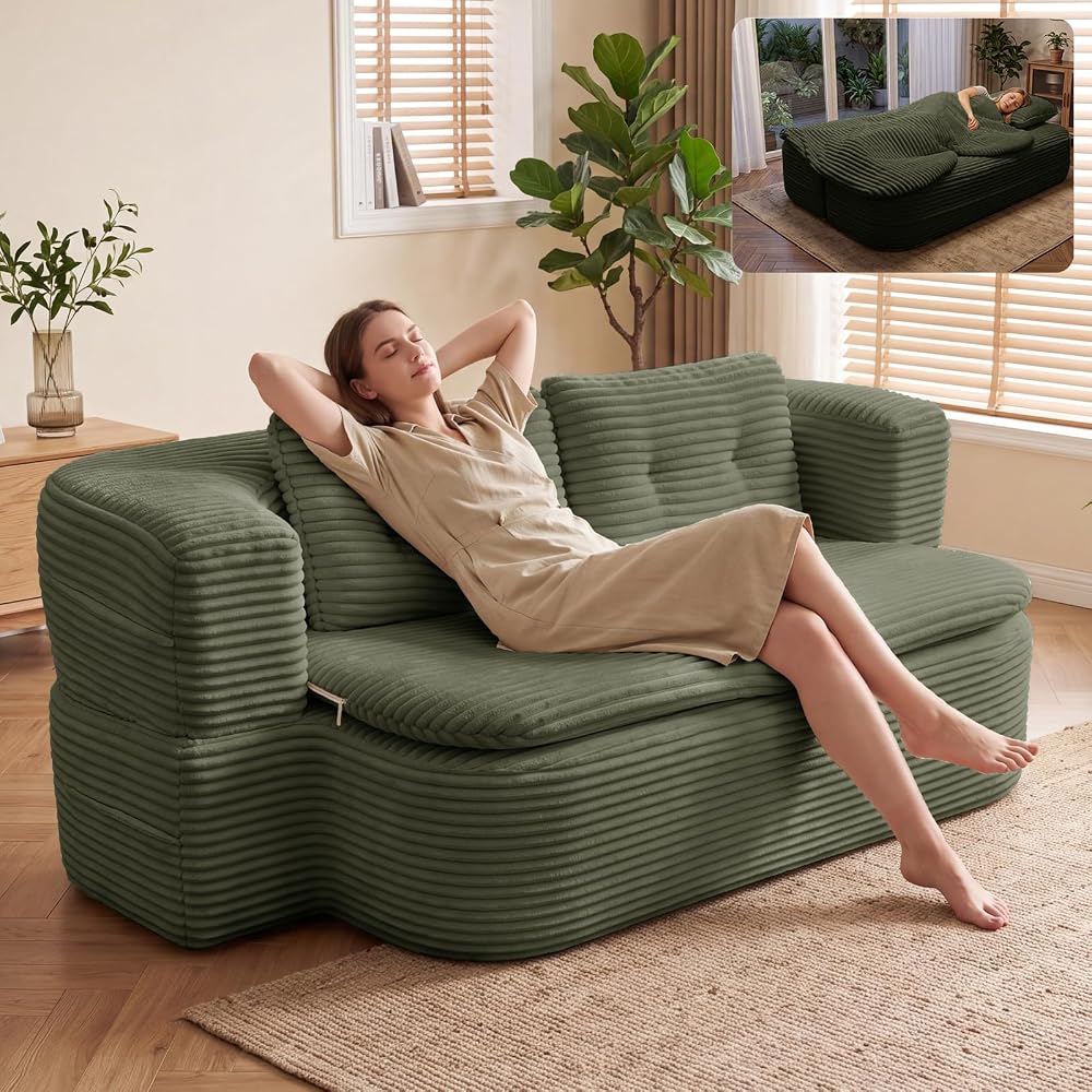 78" Full-Size Boneless Couch, 2-in-1 Convertible Sofa（Green）