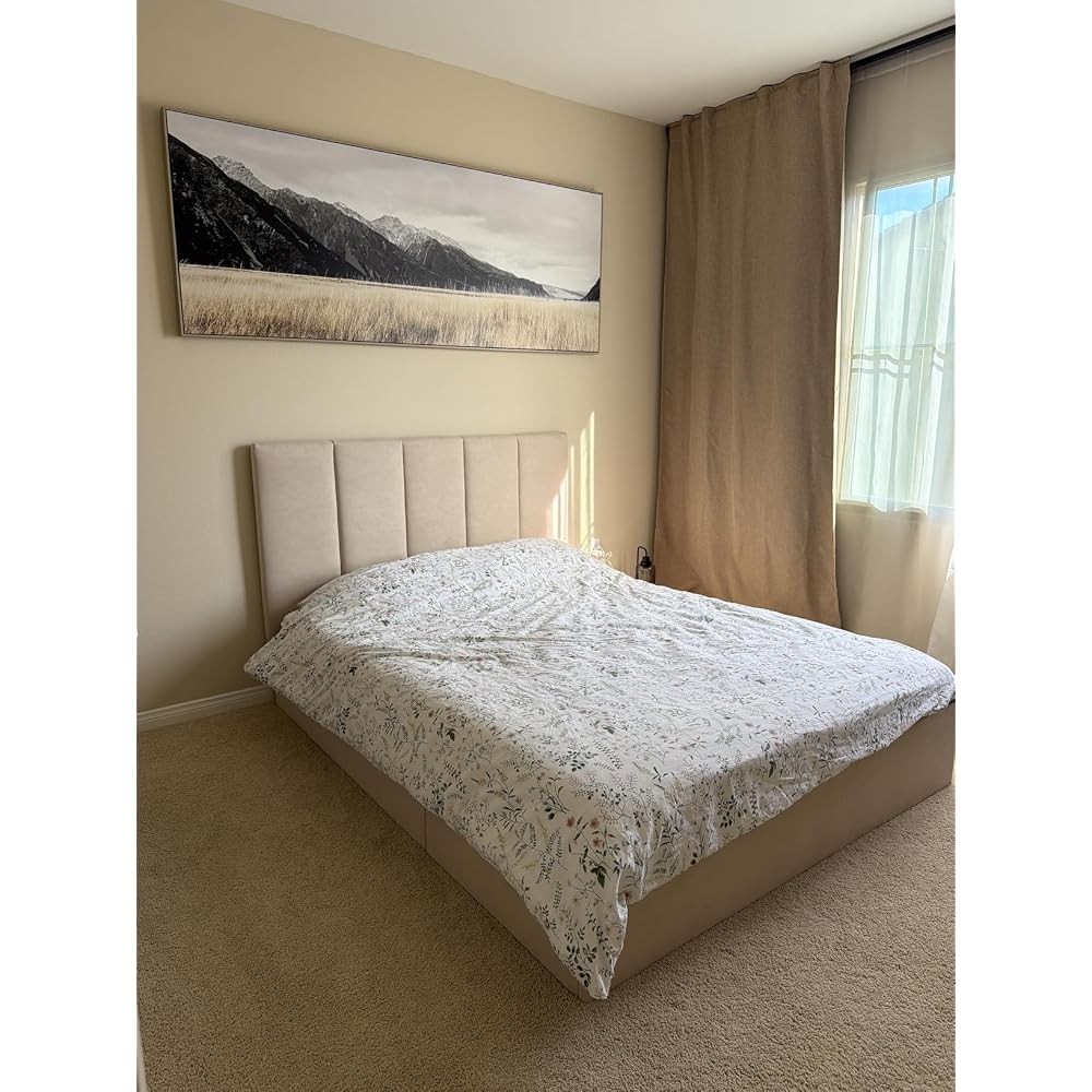 Queen Size Lift-Up Hydraulic Storage Bed, Beige Linen Upholstered Platform Bed with Vertical Channel Headboard, Wooden Slat Support, No Box Spring Needed, Easy Assembly