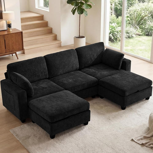 106" Modular Sectional Sofa with Storage, Convertible U Shaped Couch with Movable Ottoman, 5 Seat Modern Chenille Sectional Sofa for Living Room (Black, 106'')
