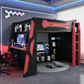 Gaming Loft Bed with Desk and Lights, Full Loft Bed with Storage Shelves and Work Station, Wood Loft Bed Frame for Kids, Boys, Girls, Teens, No Spring Box Needed & Dedicated Style, Red