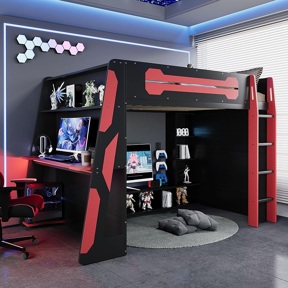 Gaming Loft Bed with Desk and Lights, Full Loft Bed with Storage Shelves and Work Station, Wood Loft Bed Frame for Kids, Boys, Girls, Teens, No Spring Box Needed & Dedicated Style, Red