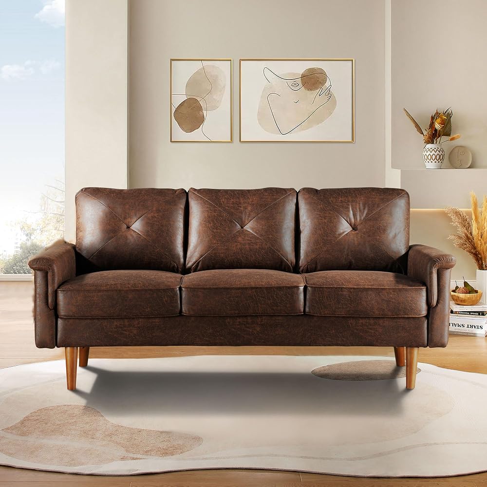 72" Faux Leather Couch Small Sofa Living Room Couch 3 Seater Sofa Modern with Button Tufted Back Cushioned Square Arm for Small Bedroom Apartment,Dark Brown
