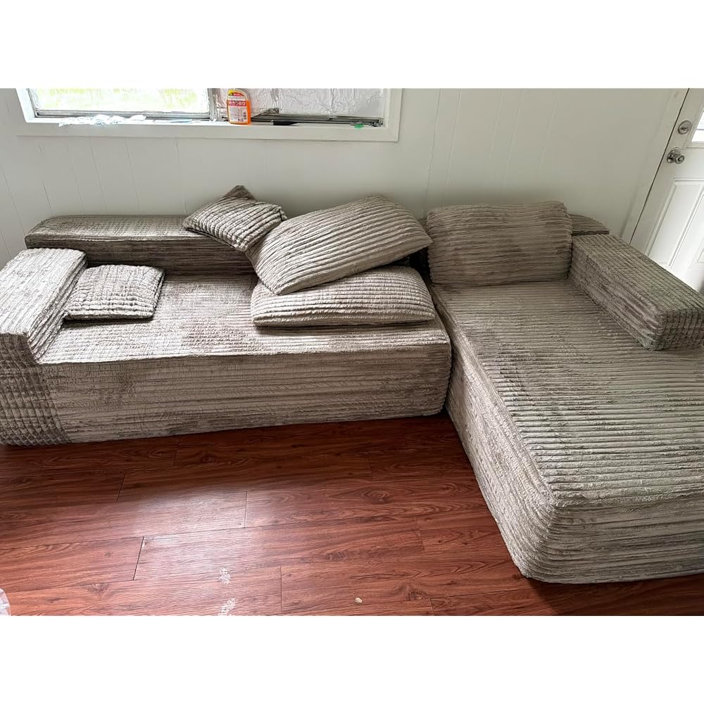 108" Black Corduroy Modular Sectional Sofa L-Shaped Cloud Couch with Left Facing Chaise, Boneless Deep Seat Sofa, No Assembly Compressed Couch for Living Room & Apartment