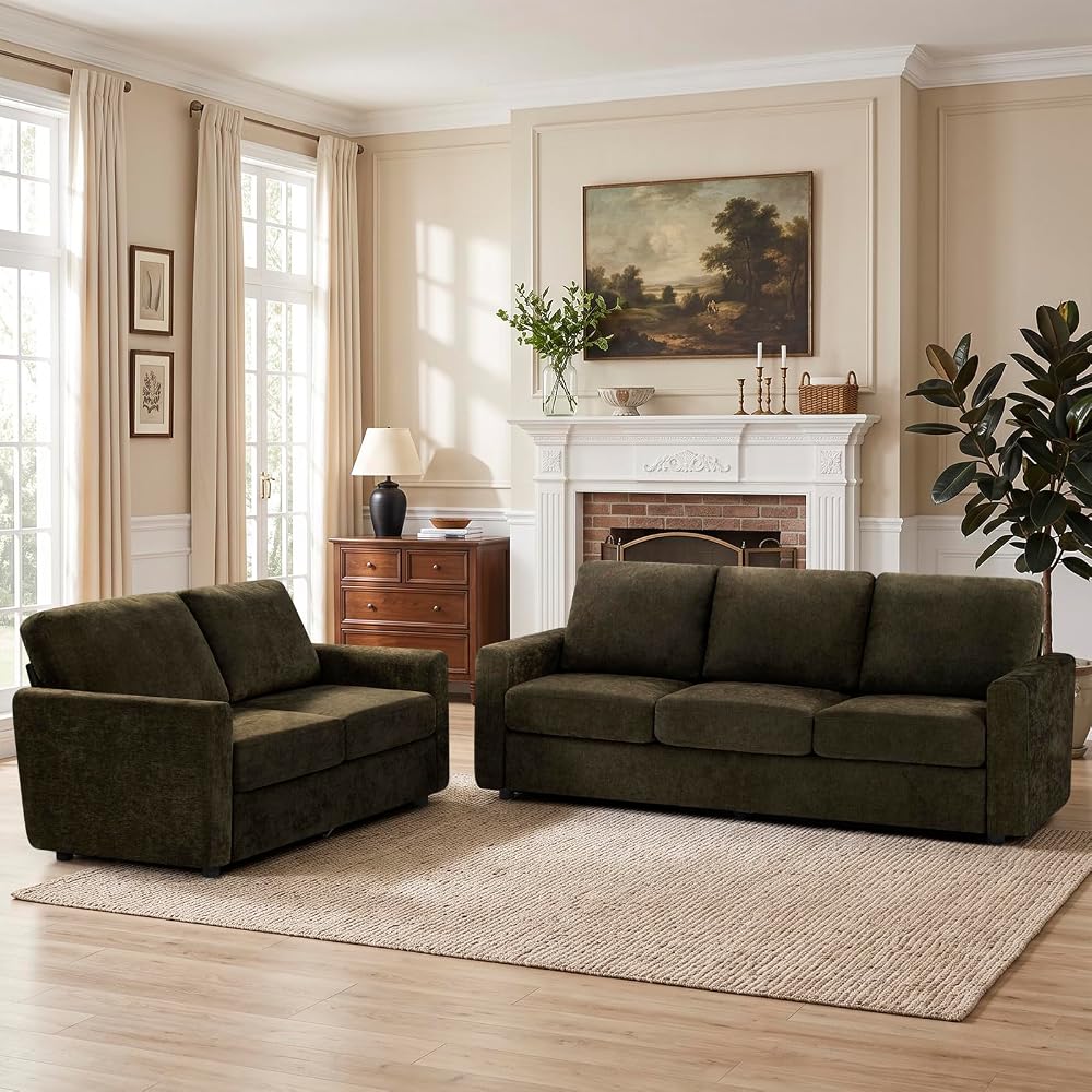 2 Pieces Chenille Sofa Sets w/Comfortable Back Cushions, Brown