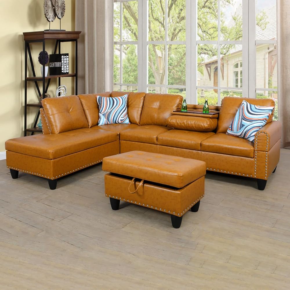 3-Piece Faux Leather L-Shaped Sectional Sofas, Button Tufted Upholstered Couches with Chaise Lounge and Storage Ottoman, Modular Living Room Set, Foldable Console and Cup Holder