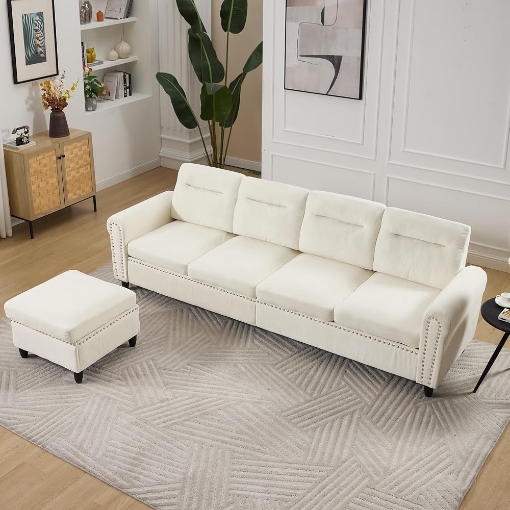 106" L-Shaped Modular Sectional Sofa, 4-Seater, Movable Ottoman, Beige