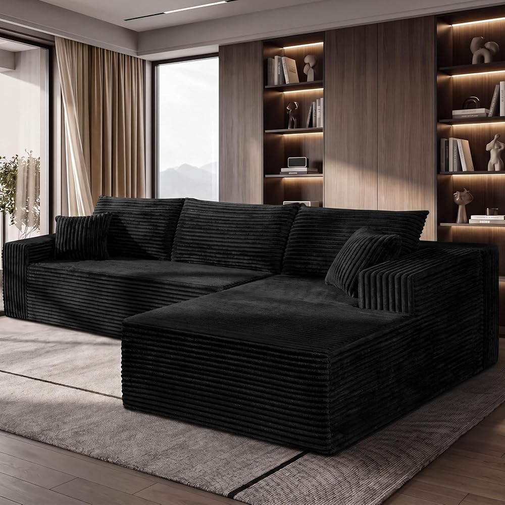 108" Black Corduroy Modular Sectional Sofa L-Shaped Cloud Couch with Left Facing Chaise, Boneless Deep Seat Sofa, No Assembly Compressed Couch for Living Room & Apartment