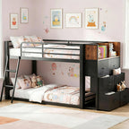 Twin Over Twin Bunk Bed with 6 Drawers & Covered Ladder, Low-Design, Black