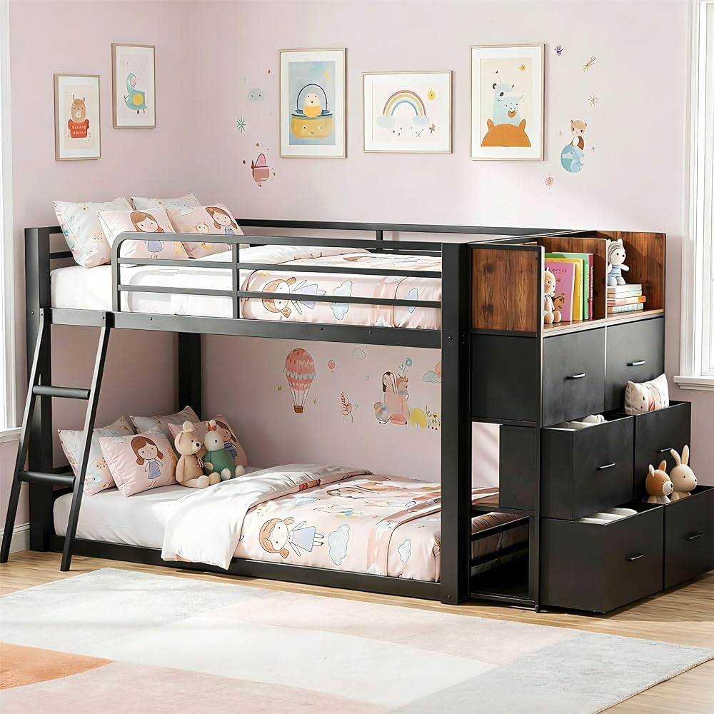 Twin Over Twin Bunk Bed with 6 Drawers & Covered Ladder, Low-Design, Black