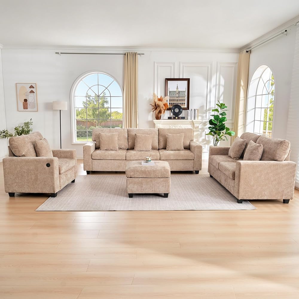 3-Piece Chenille Sofa Set with Ottoman for Living Room (Light Brown)