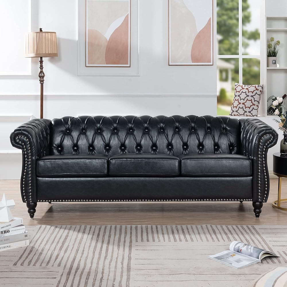 84" Chesterfield Leather Sofa with Channel Tufted Seat Back,Classic 3 Seater Couch w/Roll Arm Nailhead Trim and Upholstered,Mid Century Furniture for Living Room,Bedroom,Office,Black PU