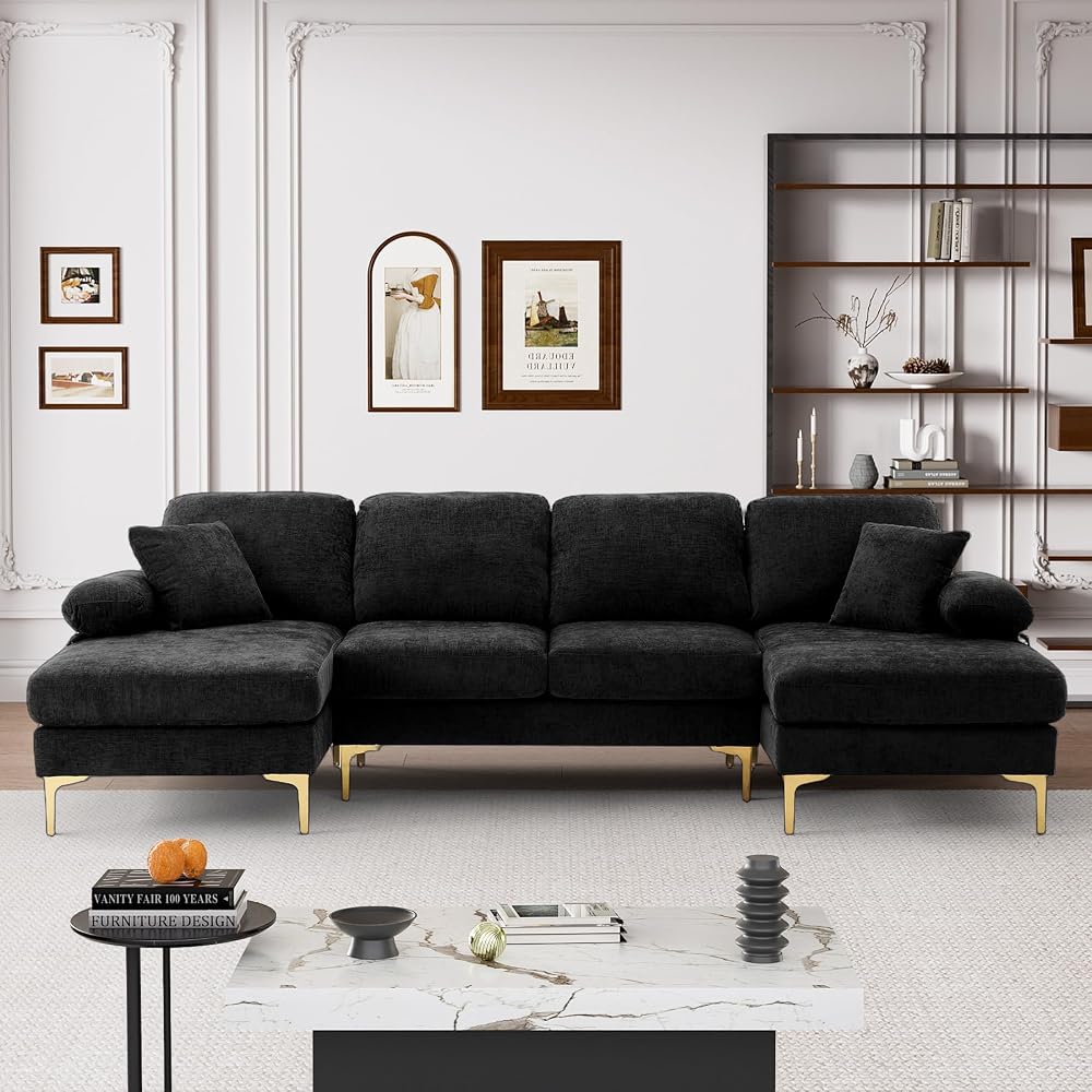 U Shaped Couches for Living Room, Convertible L Shaped Couch with Double Chaise Lounge, Modern Comfy Oversized 4 Seater Couches for Living Room Set, Black