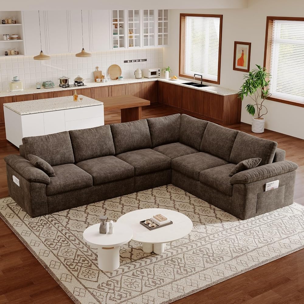 112" Boneless Cloud Sectional Couch, 6-Seat Modular L-Shaped Sofa, Brown