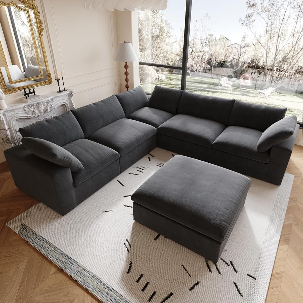 160.6'' Cloud Modular Sectional Sofa,Down Filled Comfort V Shaped Sofa Couch for Living Room,Minimalist Wide Deep Seat Convertible Couches for Office Apartment,4 Seater & 1 Corner+1 Ottoman (Black)