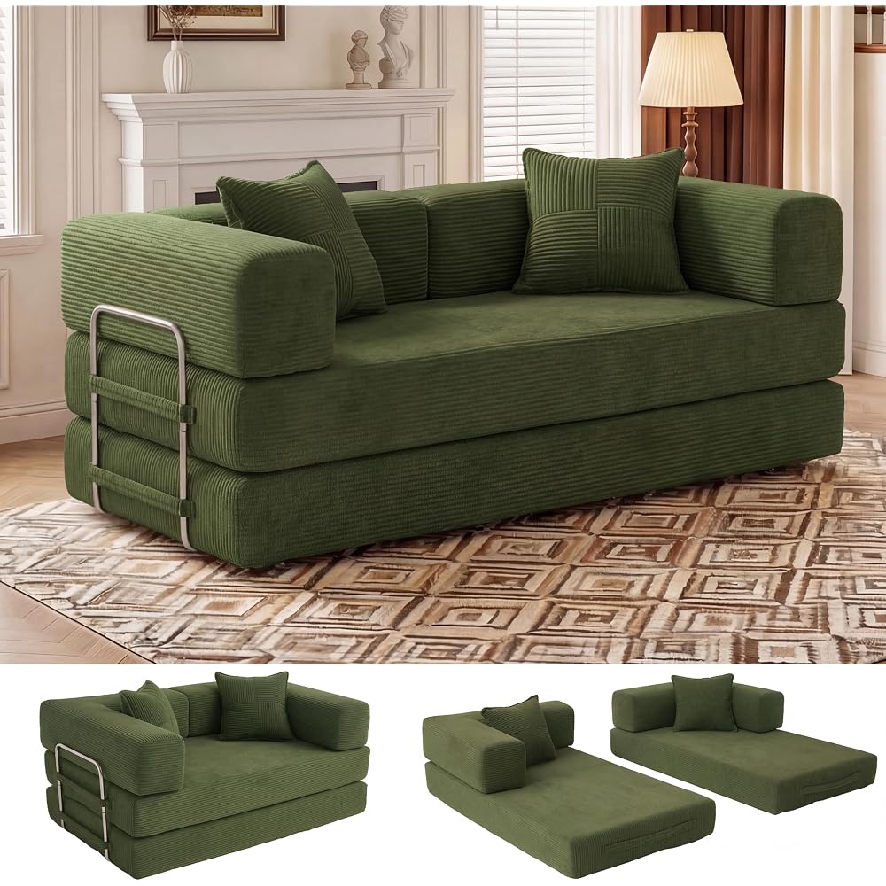 5-in-1 Convertible Sofa Bed,65" Folding Boneless Couch with Fixed-Shape Frame, Corduroy Floor Sofa Loveseat Sleeper for Living Room, Bedroom, Small Apartment, Green
