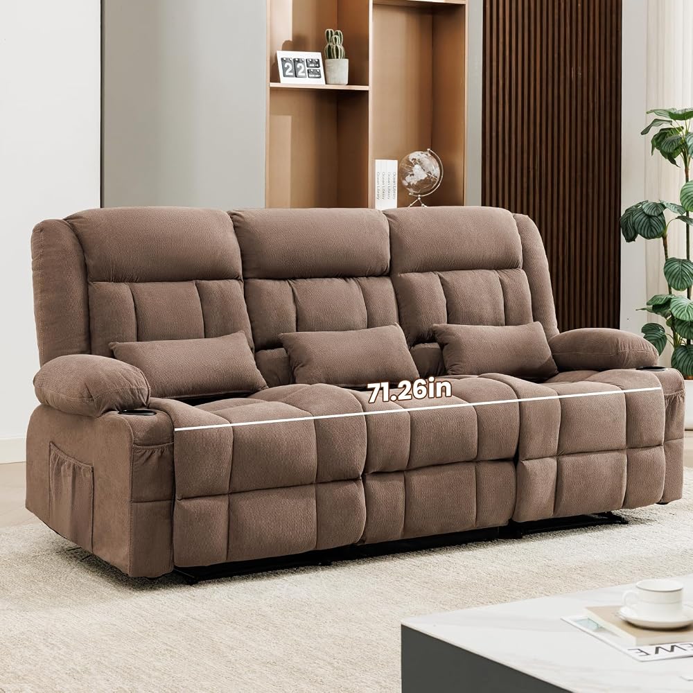 Reclining Sofa with Cup Holders for Living Room 3 Seat Manual Sofa Recliner with Side Pocket