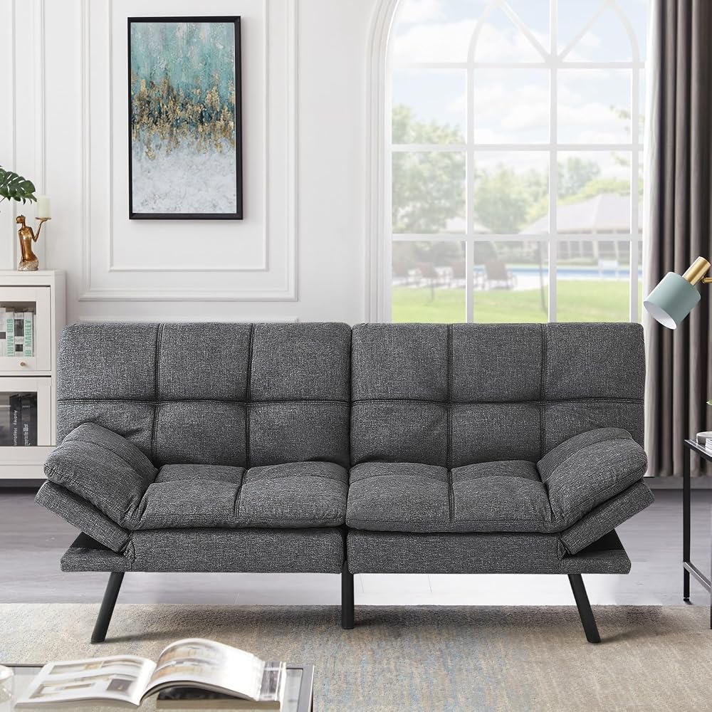Memory Foam Futon Sofa Bed, Adjustable Backrests Armrests Convertible Modern Design Couch for Living Room, Apartment, Office, Small Room, 71" Daybed Dark Gray