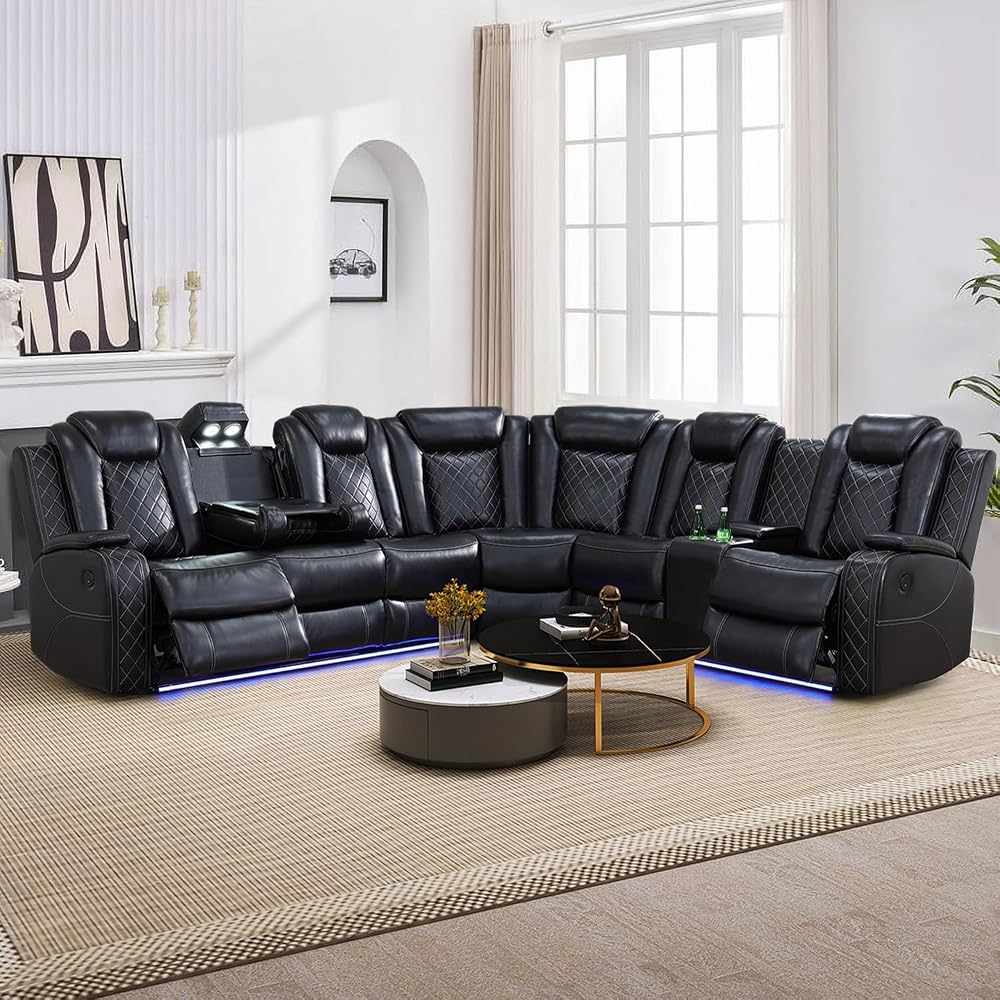 Power Reclining Sectional Sofa Set with LED Lights, Vegan Leather Recliner Sectional Couch for Living Room Furniture,Wireless Charging/USB Charging/Reading Lamp/Armrest Storage,Black