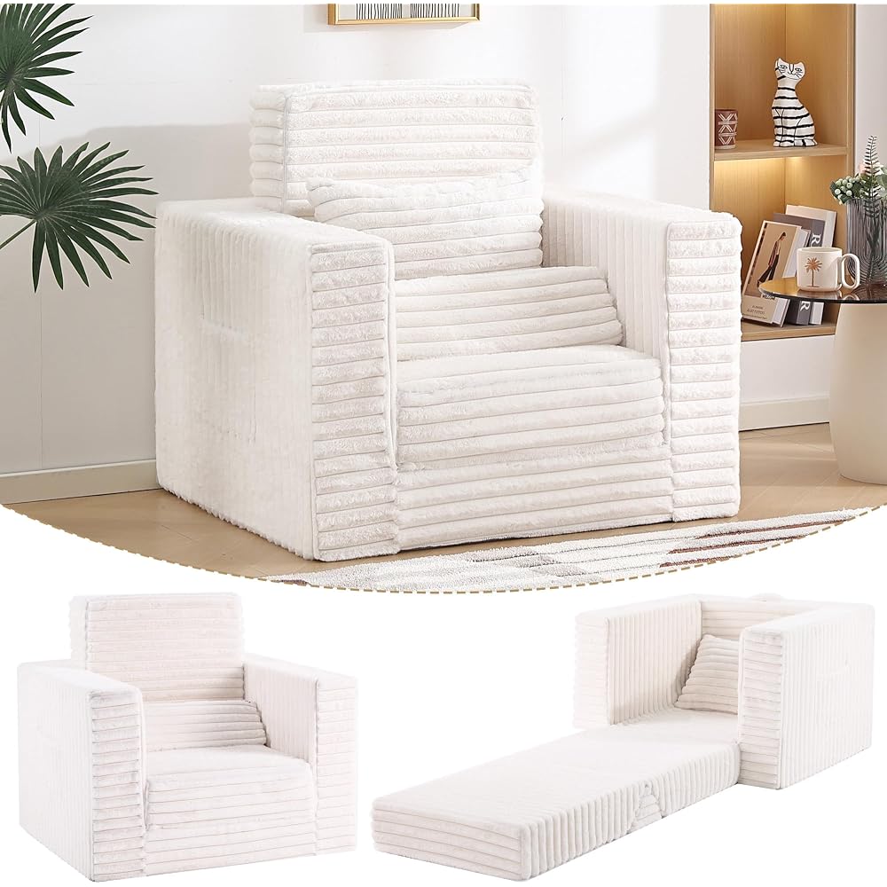 Folding Sofa Chair with Pillow, Single Boneless Couch for Adults, Beige