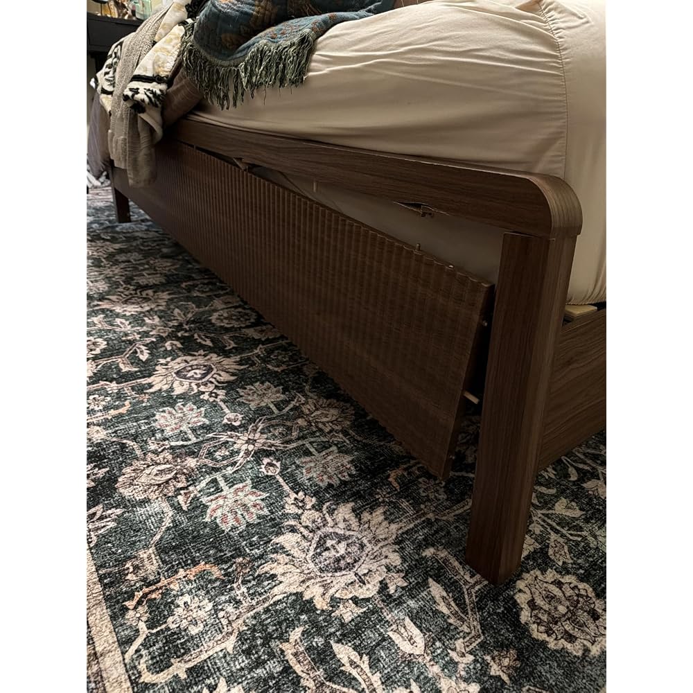 Queen Wood Bed Frame with Fluted Headboard & Footboard, Walnut