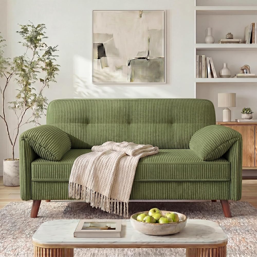 65" Loveseat Sofa, Corduroy Loveseat Couch for Living Room with Storage Pockets, 25" Deep Seat Love Seat with Padded Arms, Modern Small Couches for Bedroom, Small Spaces, Home Office