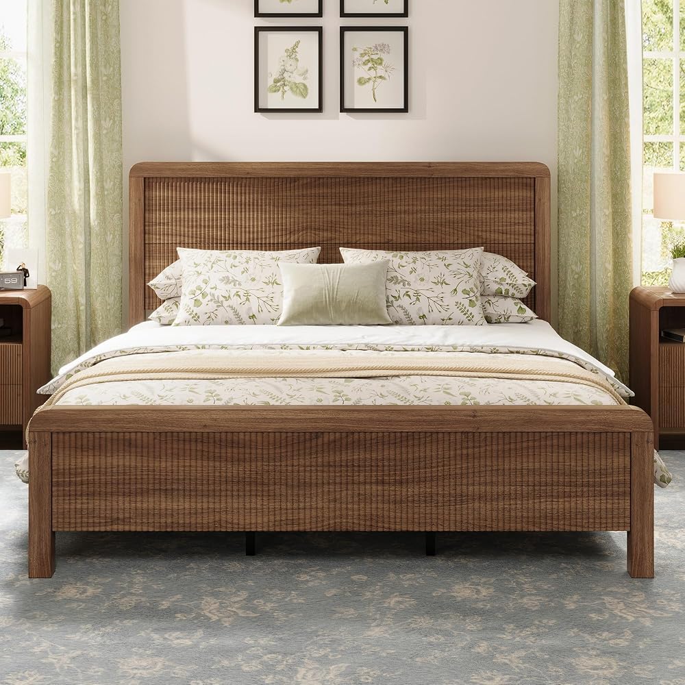 Queen Wood Bed Frame with Fluted Headboard & Footboard, Walnut